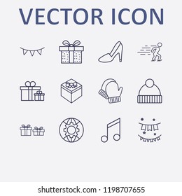 Outline 12 winter icon set. melody, garlands, steep heel, garland, gift and winter hat vector illustration