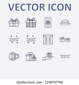Outline 12 winter icon set. ski sticks, hat, garland, gift, globe setting and smartphone gift vector illustration