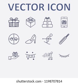 Outline 12 winter icon set. garland, medicine thermometer, gift, hand with gift box, ice skating and steep heel vector illustration