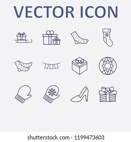 Outline 12 winter icon set. gift, winter sock, garland, globe setting, winter glove and sled in gift vector illustration
