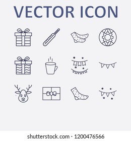 Outline 12 winter icon set. globe setting, medicine thermometer, hot cup, garland, garlands and sock vector illustration