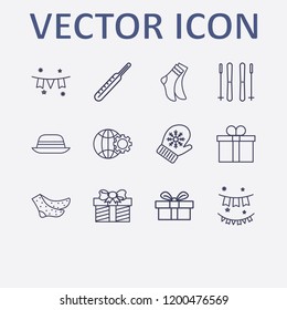 Outline 12 winter icon set. medicine thermometer, ski sticks, garland, garlands, gift and sock vector illustration