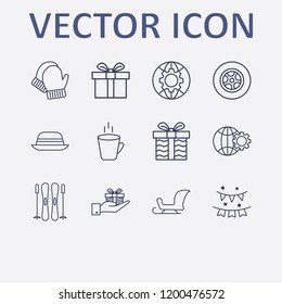 Outline 12 winter icon set. hat, hand with gift box, hot cup, ski sticks, gift and tire vector illustration