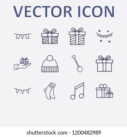 Outline 12 winter icon set. garlands, garland, sock, melody, gift and shovel vector illustration