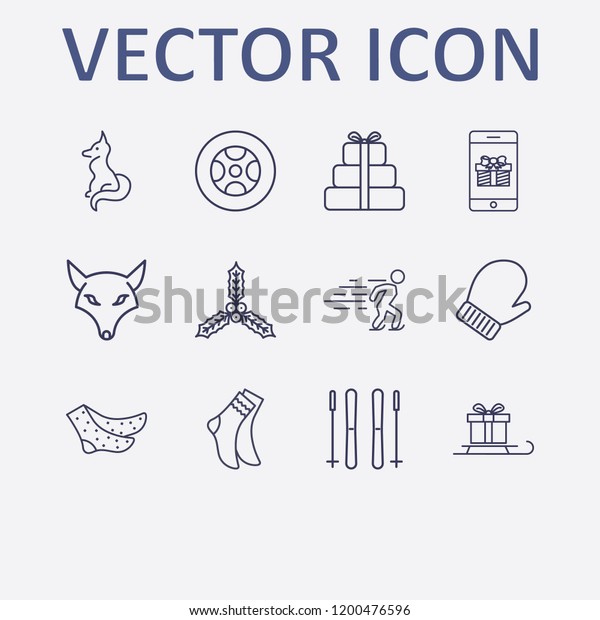 Outline 12\
winter icon set. smartphone gift, ice skating, sled in gift, fox,\
tire and winter glove vector\
illustration