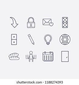 Outline 12 wood icon set. globe setting, domino, mail love, bread, lock, calendar, lamp, arrow, door, pencil and sauna vector illustration