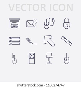 Outline 12 wood icon set. lock, menu, garage, stationery knife, lampshade, domino, mouse, arrow, mail love and ruler vector illustration