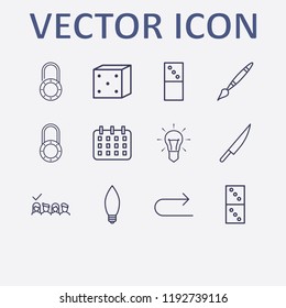 Outline 12 wood icon set. calendar, selected, lock, paint brush, knife and lamp vector illustration