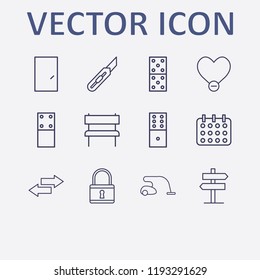 Outline 12 wood icon set. calendar, remove heart, vacuum cleaner, lock, bench and stationery knife vector illustration