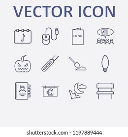 Outline 12 wood icon set. mouse, bench, menu, social campaign, shovel in the ground and phone book vector illustration