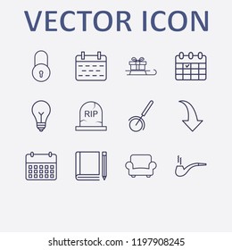 Outline 12 wood icon set. calendar, pizza cutter, armchair, lamp, book and pencil and halloween grave vector illustration
