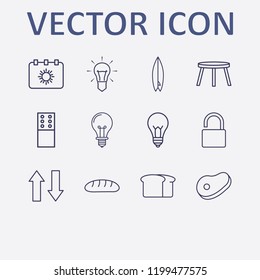 Outline 12 wood icon set. lamp, backless stool, surfing board, arrow, calendar and meat vector illustration