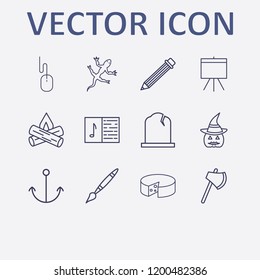 Outline 12 wood icon set. anchor, pencil, ax, lizard, cheese and bonfire vector illustration