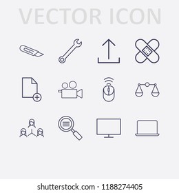 Outline 12 work icon set. wrench, document add, upload, monitor, wifi mouse, teamwork, stationery knife, laptop, search list, balance, plaster and video camera vector illustration