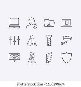 Outline 12 work icon set. building, businessman organized, organization, laptop, check, money up, security camera, download folder,  online book reading, user clock and screw vector illustration