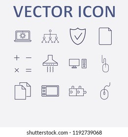 Outline 12 work icon set. organization, calculator, laptop with sun, kitchen extractor, document and check vector illustration