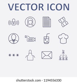 Outline 12 work icon set. chef hat, pencil sharpener, lock signal, woman user, user and organization vector illustration