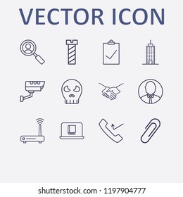 Outline 12 work icon set. user, missed call, building, router, security camera and search user vector illustration