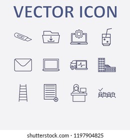 Outline 12 work icon set. ladder, diagnostic, selected, reception, cocktail and building vector illustration