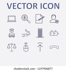 Outline 12 work icon set. hand with handset, ethereum search, hang up, car wash, mouse wifi and jigsaw vector illustration