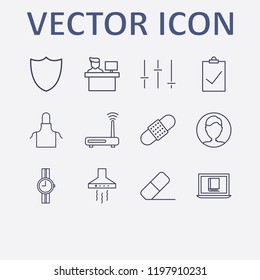 Outline 12 work icon set. wrist watch, eraser, check, apron, online book reading and router vector illustration