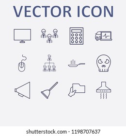 Outline 12 work icon set. toilet pump, diagnostic, kitchen extractor, monitor, pan and organization vector illustration