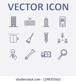 Outline 12 work icon set. teamwork, diagnostic, search, businessman shield, smartphone with folder and wrench vector illustration