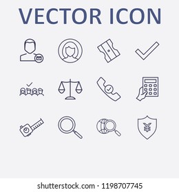 Outline 12 work icon set. handset check, globe search, search, calculator with hand, meters tool and user vector illustration