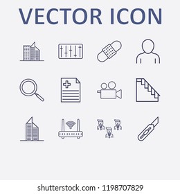 Outline 12 work icon set. video camera, user, search, plaster, equalizer and businessman group vector illustration