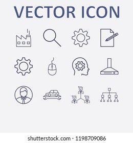 Outline 12 work icon set. head with gear, factory, gear, mouse, organization and teamwork vector illustration