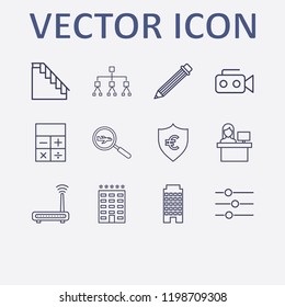 Outline 12 work icon set. organization, hotel, calculator, reception, router and equalizer vector illustration
