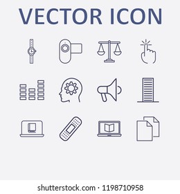 Outline 12 work icon set. head in gear, building, plaster, online book reading, click and wrist watch vector illustration