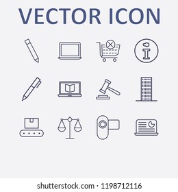 Outline 12 work icon set. conveyor, information, balance, pen, video camera and laptop vector illustration