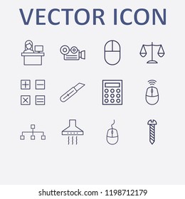 Outline 12 work icon set. kitchen extractor, calculator, balance, stationery knife, video camera and organization vector illustration