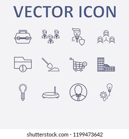 Outline 12 work icon set. shovel in the ground, tool box, building, remove shopping cart, teamwork and businessman shield vector illustration