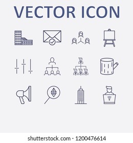 Outline 12 work icon set. building, businessman organized, stump, equalizer, check message and painting board vector illustration