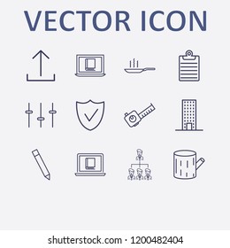 Outline 12 work icon set. equalizer, upload, pencil, clipboard, building and organization vector illustration