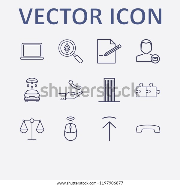 Outline\
12 work icon set. hand with handset, ethereum search, hang up, car\
wash, mouse wifi and jigsaw vector\
illustration