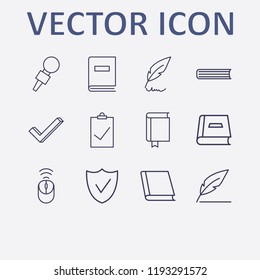 Outline 12 writing icon set. book, feather pen, clipboard check, check and wifi mouse vector illustration