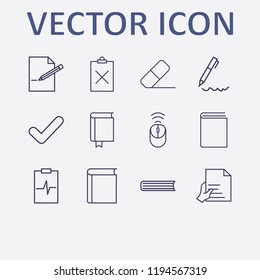 Outline 12 writing icon set. wifi mouse, clipboard remove, medicine clipboard, pen, hand with document and check vector illustration