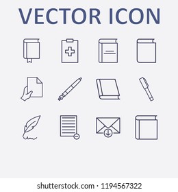 Outline 12 writing icon set. medicine clipboard, feather pen, remove document, pen, book and down message vector illustration