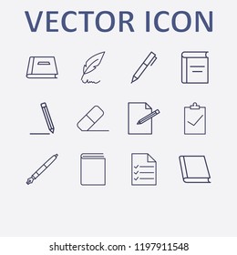 Outline 12 writing icon set. eraser, document list, edit document, book, clipboard check and feather pen vector illustration