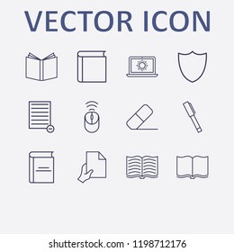 Outline 12 writing icon set. hand with document, check, book, laptop with sun, pen and remove document vector illustration