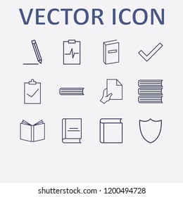 Outline 12 writing icon set. hand with document, check, book, clipboard check, pen and medicine clipboard vector illustration
