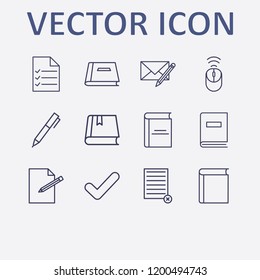 Outline 12 writing icon set. remove document, check, book, wifi mouse, edit document and document list vector illustration