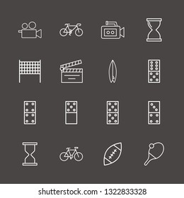 Outline 16 action icon set. volleyball net, movie clapper, table tennis and domino vector illustration