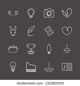 Outline 16 art icon set. camera, feather pen, pot and pencil sharpener vector illustration