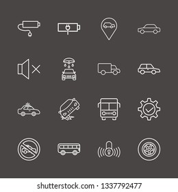 Outline 16 automobile icon set. gear check, car location, forbidden taxi and sound off vector illustration