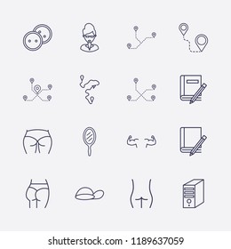 Outline 16 back icon set. teacher, dress button, pc case, bodybuilder, distance, figure ass, book and pencil, mirror, cap and ass figure vector illustration