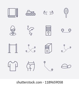 Outline 16 back icon set. bodybuilder, pc case, tank, ass figure, t shirt, book and pencil, distance, cap, pull up, mirror and teacher vector illustration